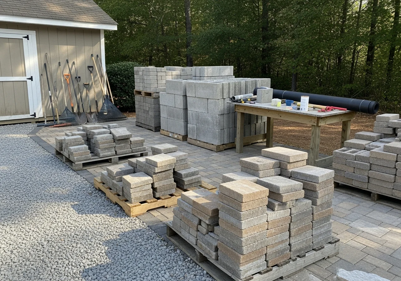 Outdoor hardscape crew with stone pavers, retaining walls, and landscaping tools ready for installation.