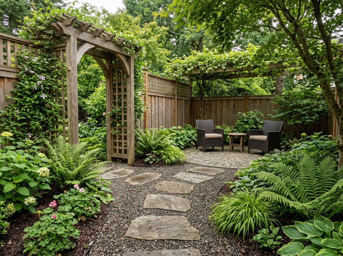Shaded backyard paving area with privacy screening and trellis in a Chapel Hill garden