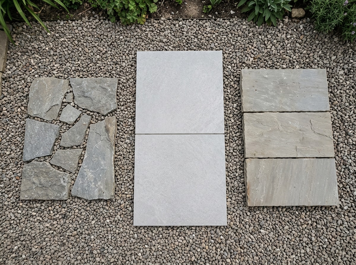 Side-by-side comparison of flagstone, porcelain, and natural stone paving samples