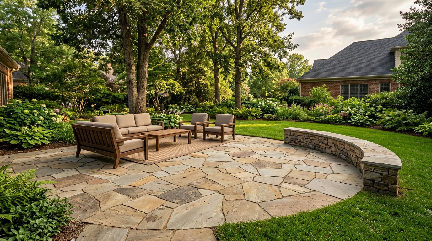 Finished flagstone garden patio with stone seating wall in a Chapel Hill, NC backyard