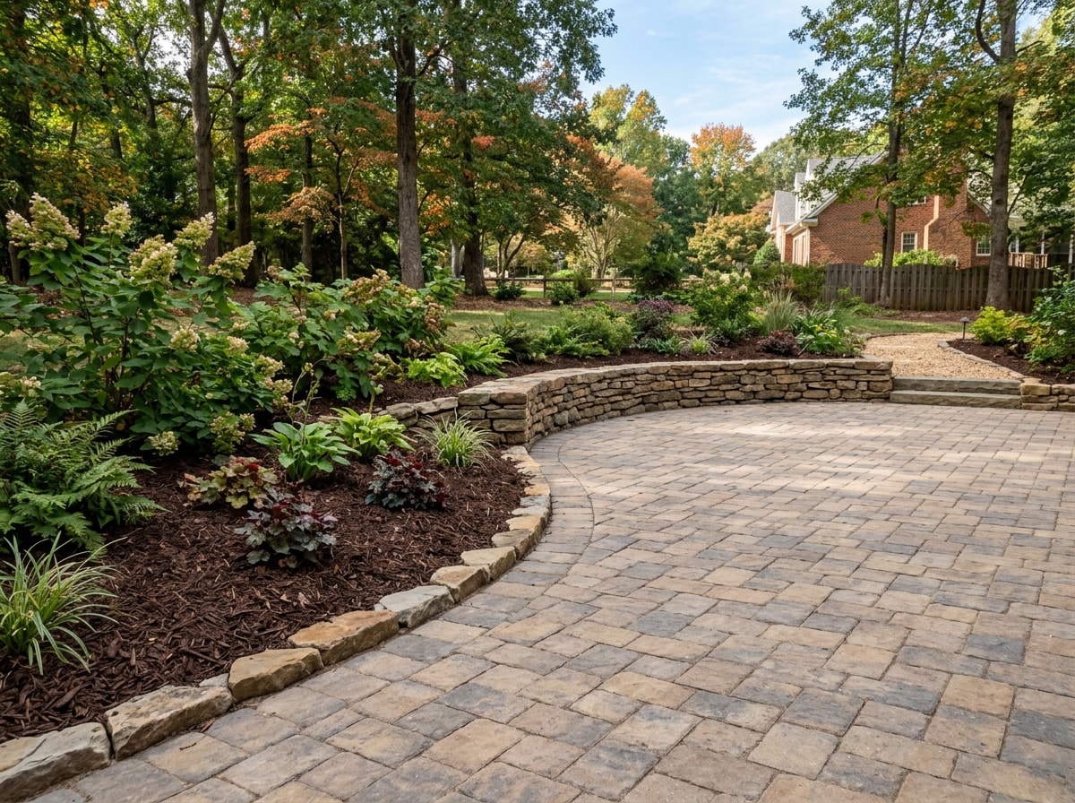 Finished paver patio with retaining wall and stone edging in a Cary, NC backyard