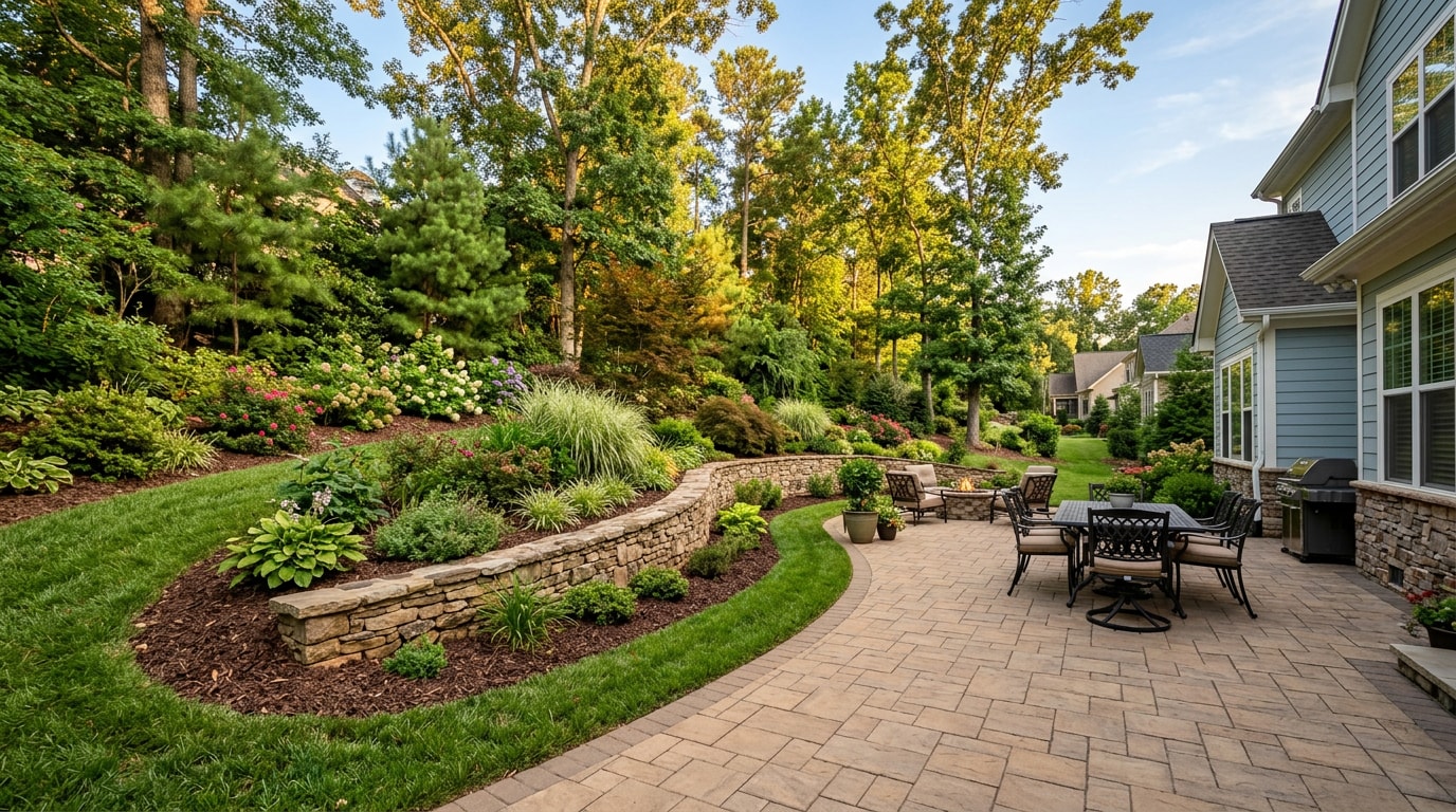 Finished paver patio and stone retaining wall in a Cary, NC backyard