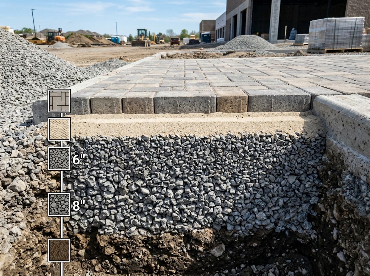 Cross-section diagram style photo of a compacted gravel base and sand bedding layer beneath paver patio stones
