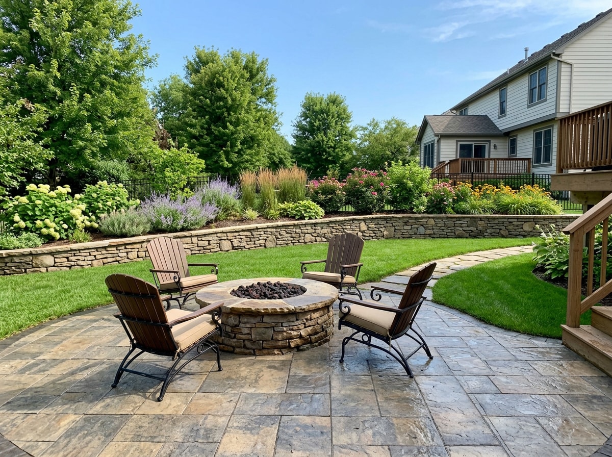 Finished paver patio with a built-in fire pit and retaining wall in a Fuquay-Varina backyard