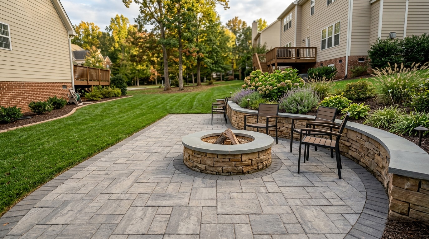 Finished paver patio with fire pit and retaining wall in a Fuquay-Varina, NC backyard Finished paver patio with fire pit and retaining wall in a Fuquay-Varina, NC backyard