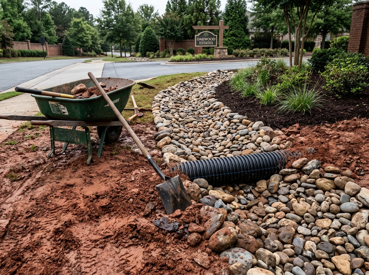 Landscaping crew regrading a compacted clay common area and installing drainage at an HOA entrance in Garner, NC