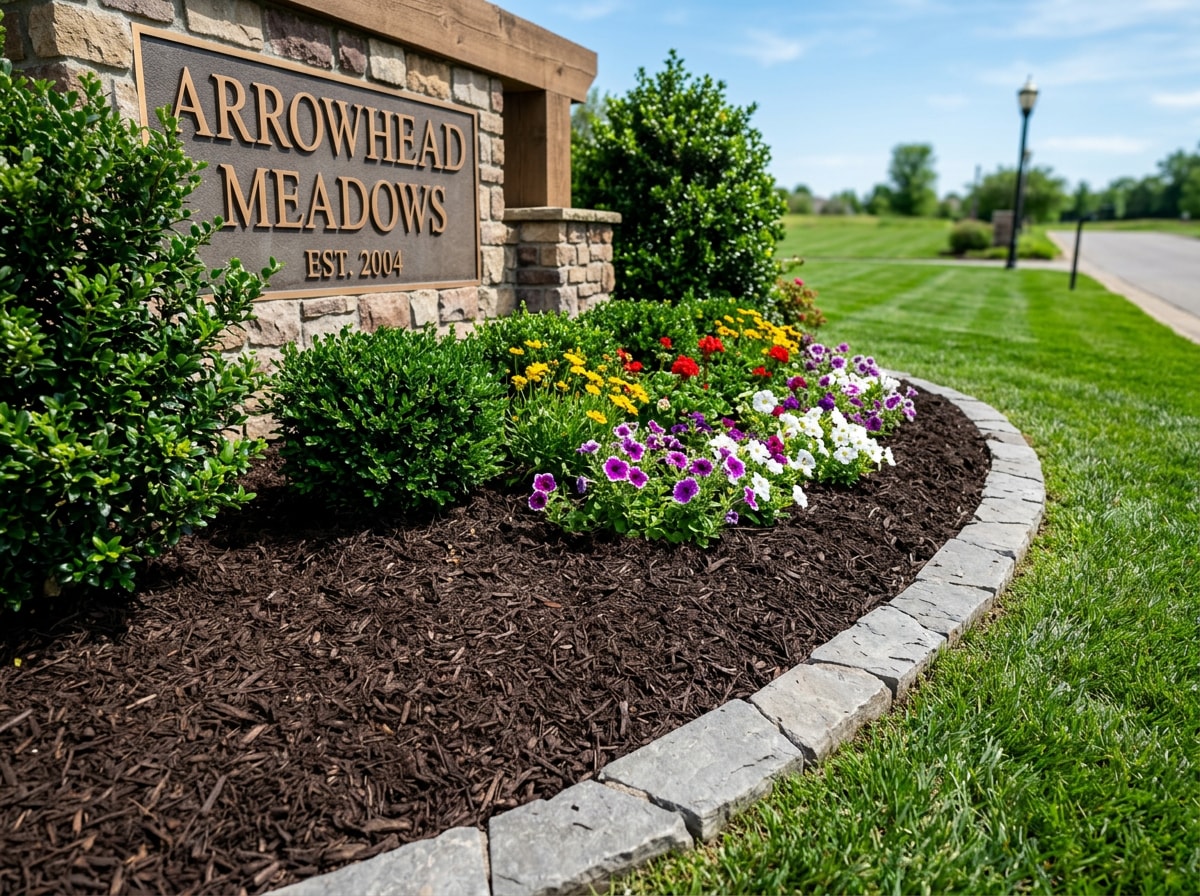 Freshly mulched HOA entrance bed with stone edging and healthy turf in a Garner, NC neighborhood