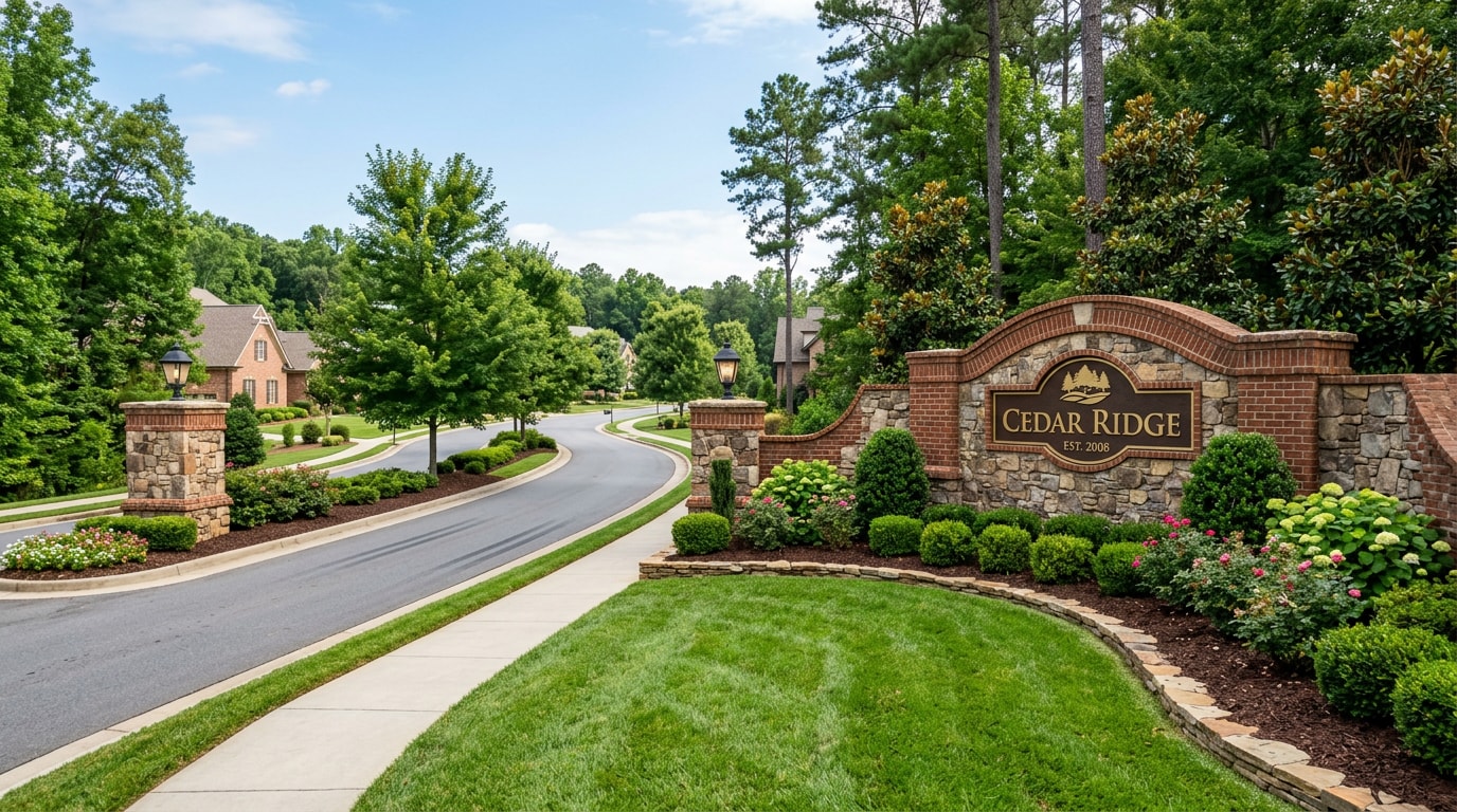 Well-maintained HOA entrance landscaping with mulched beds and manicured turf in Garner, NC