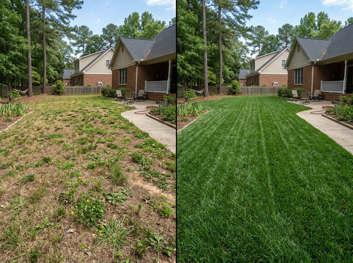 Side-by-side comparison of a patchy, bare fescue lawn and a thick, overseeded lawn in Wake Forest NC