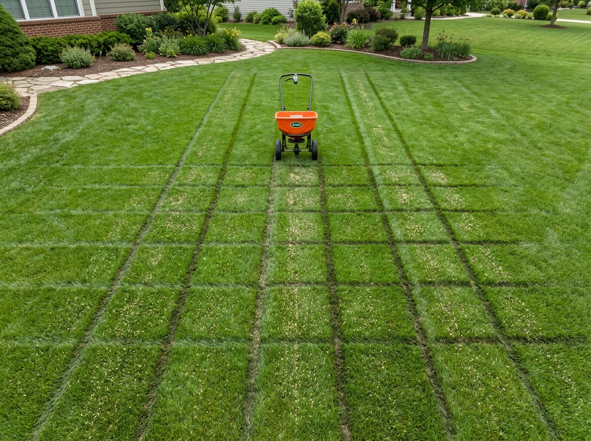 Diagram showing north-south and east-west crosshatch spreading pattern for broadcast spreader seeding