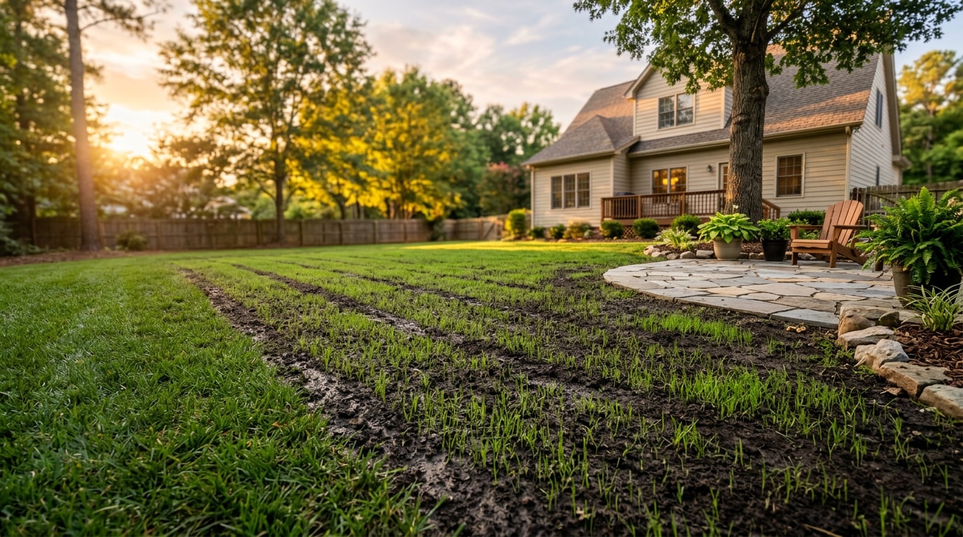 Freshly overseeded lawn in Wake Forest NC with new grass seedlings emerging near a stone patio