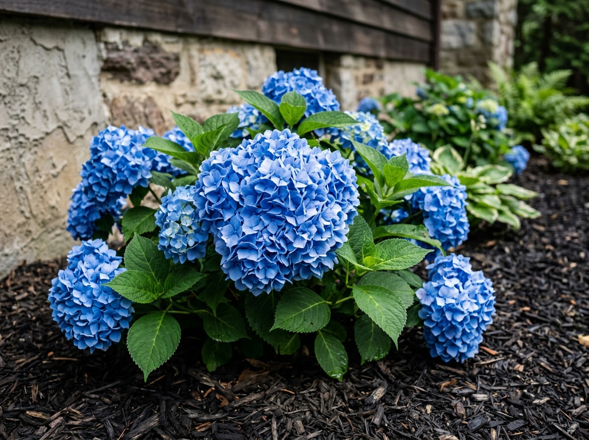 Blue mophead bigleaf hydrangea blooming in a Cary-style foundation planting bed