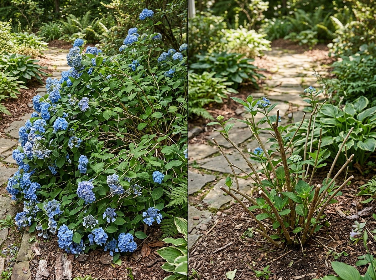 Before and after photo showing seasonal pruning of a blue hydrangea shrub in a Cary landscape