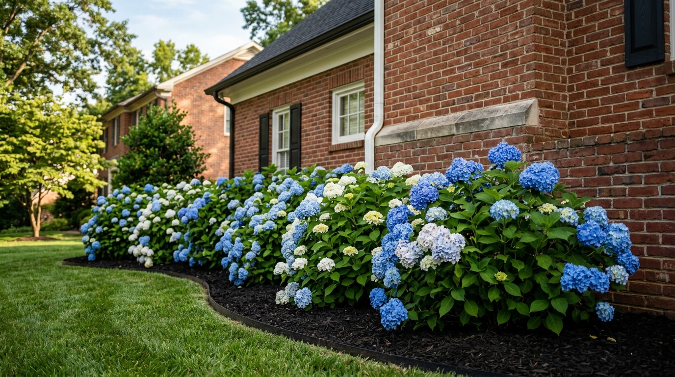 Blooming hydrangea landscaping bed in a Cary, NC front yard with blue and white mophead flowers