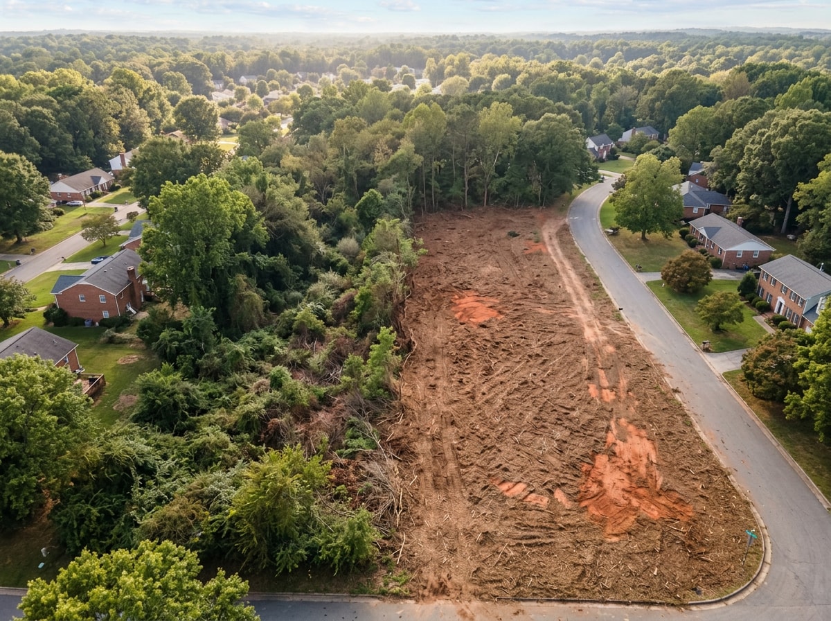 aerial view of cleared overgrown lot after land mulching in Durham, NC