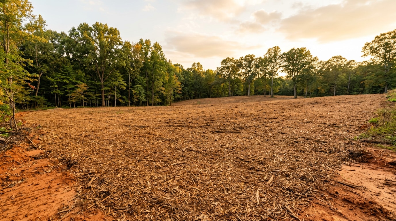 freshly forestry-mulched lot in Durham, NC with mulch ground cover and preserved trees freshly forestry-mulched lot in Durham, NC with mulch ground cover and preserved trees