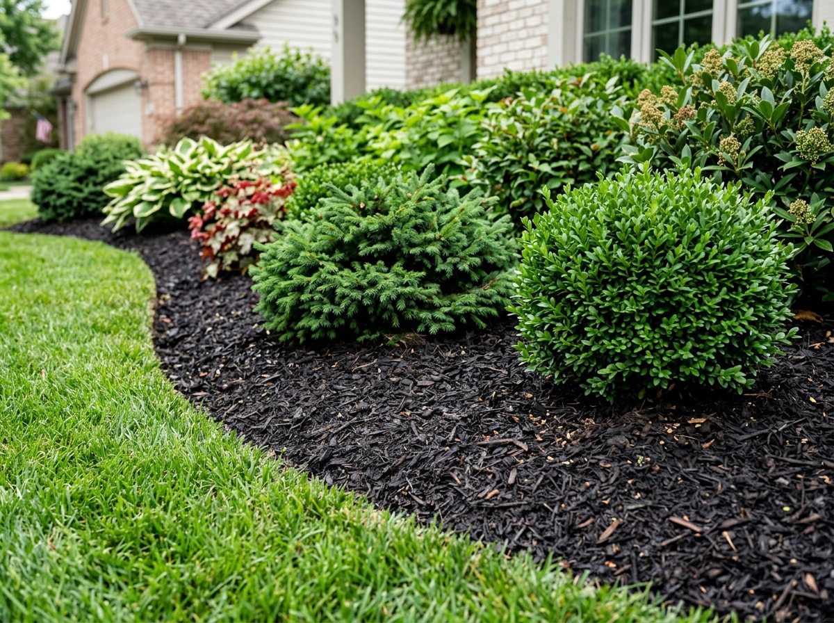 Manicured Raleigh front yard with mulched beds and trimmed shrubs after a full-service maintenance visit