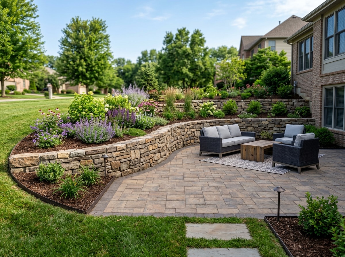 Completed stone patio and retaining wall hardscape project in a Raleigh backyard