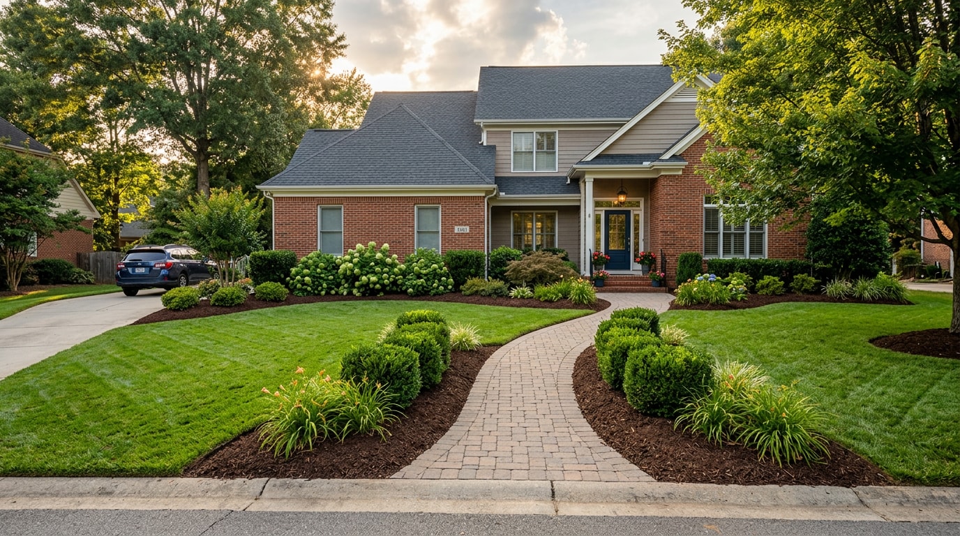Professionally landscaped front yard in Raleigh, NC with mowed lawn, mulched beds, and trimmed shrubs