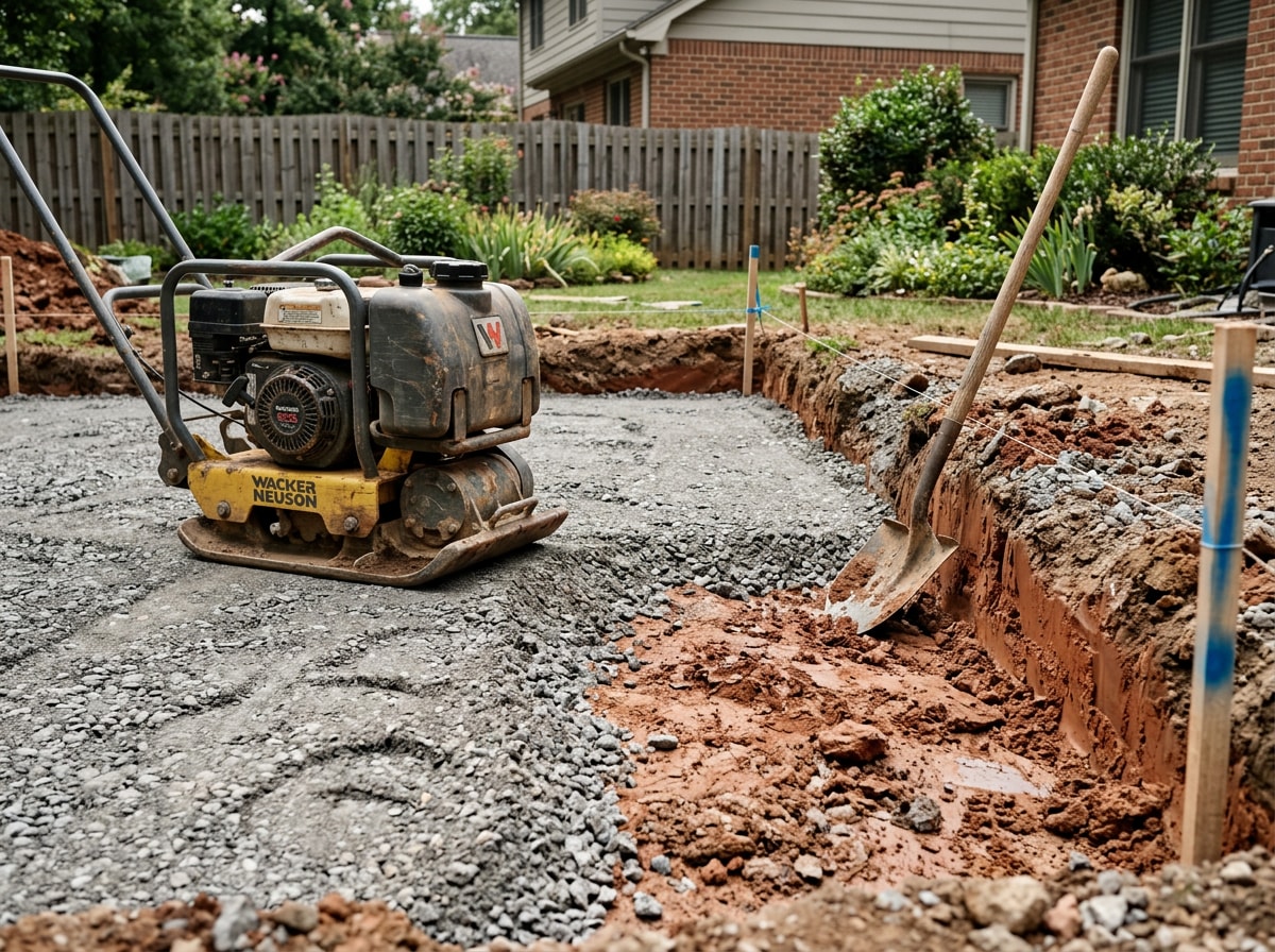 Grading and compacted base preparation for a paver patio in a Chapel Hill backyard with visible red clay soil