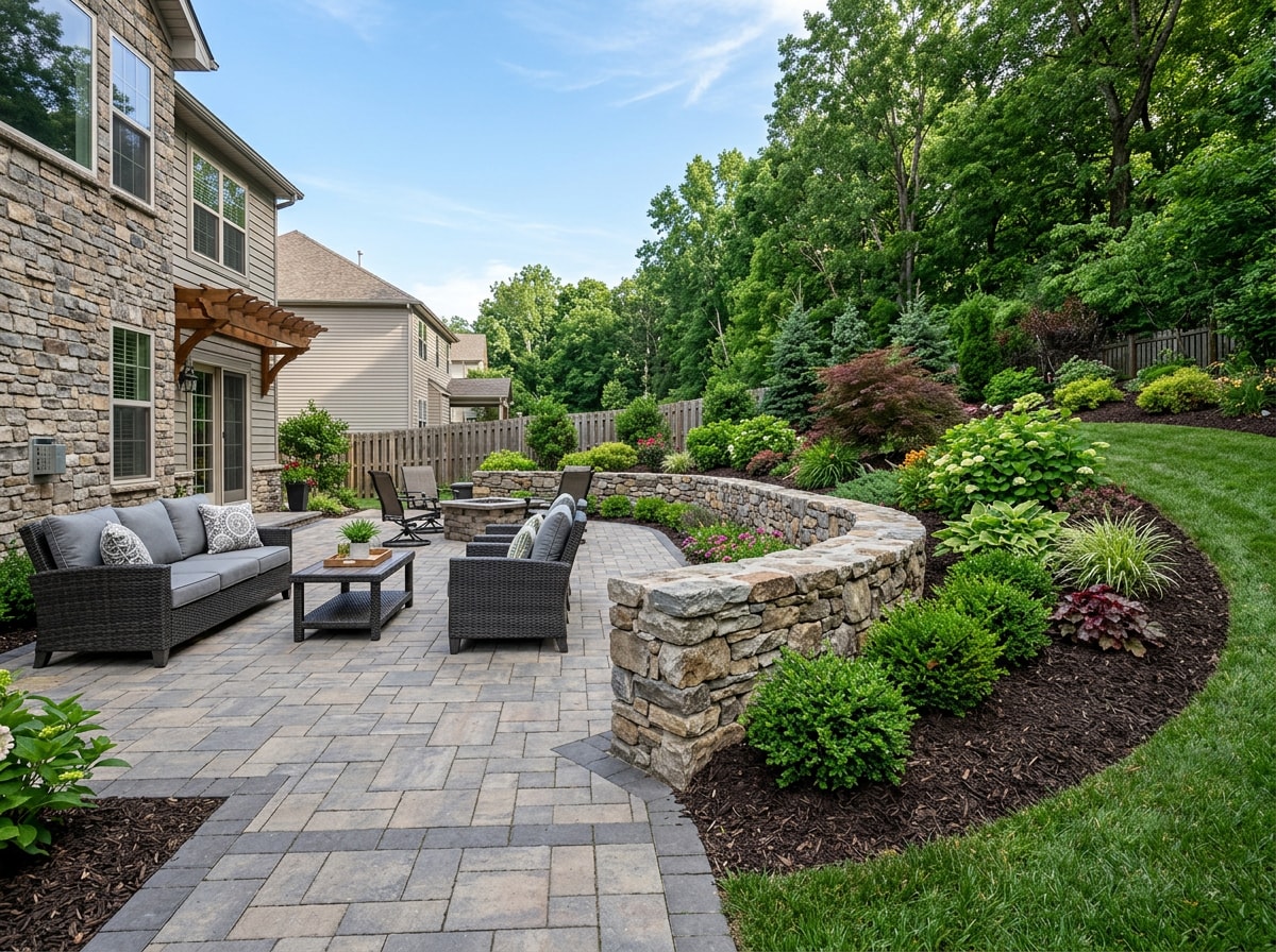 Finished paver patio with a stacked stone retaining wall in a landscaped Chapel Hill backyard