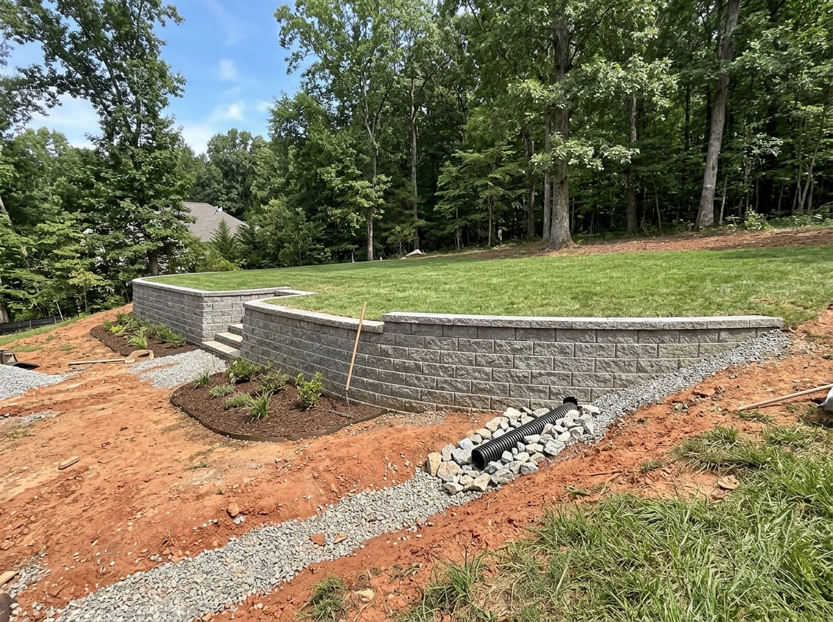 Sloped Chapel Hill backyard with a newly built retaining wall addressing drainage on red clay soil