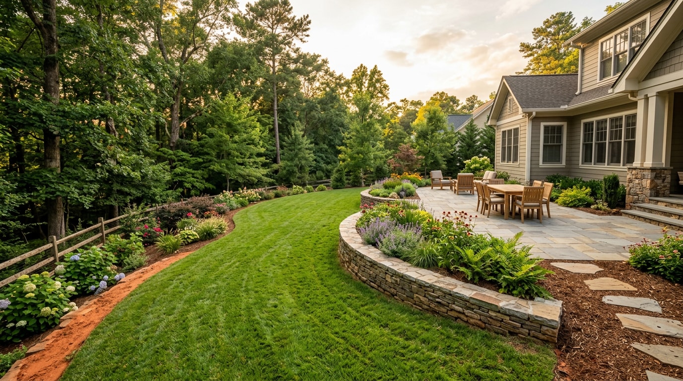 Finished residential landscaping project in Chapel Hill, NC with paver patio, retaining wall, and new sod
