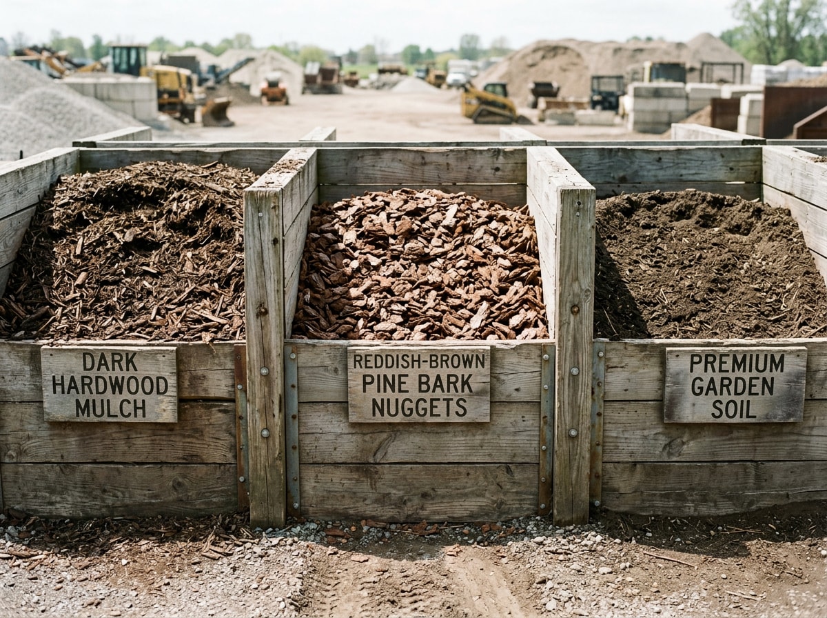 Bins of bulk mulch, soil, and landscape stone at an outdoor supply yard