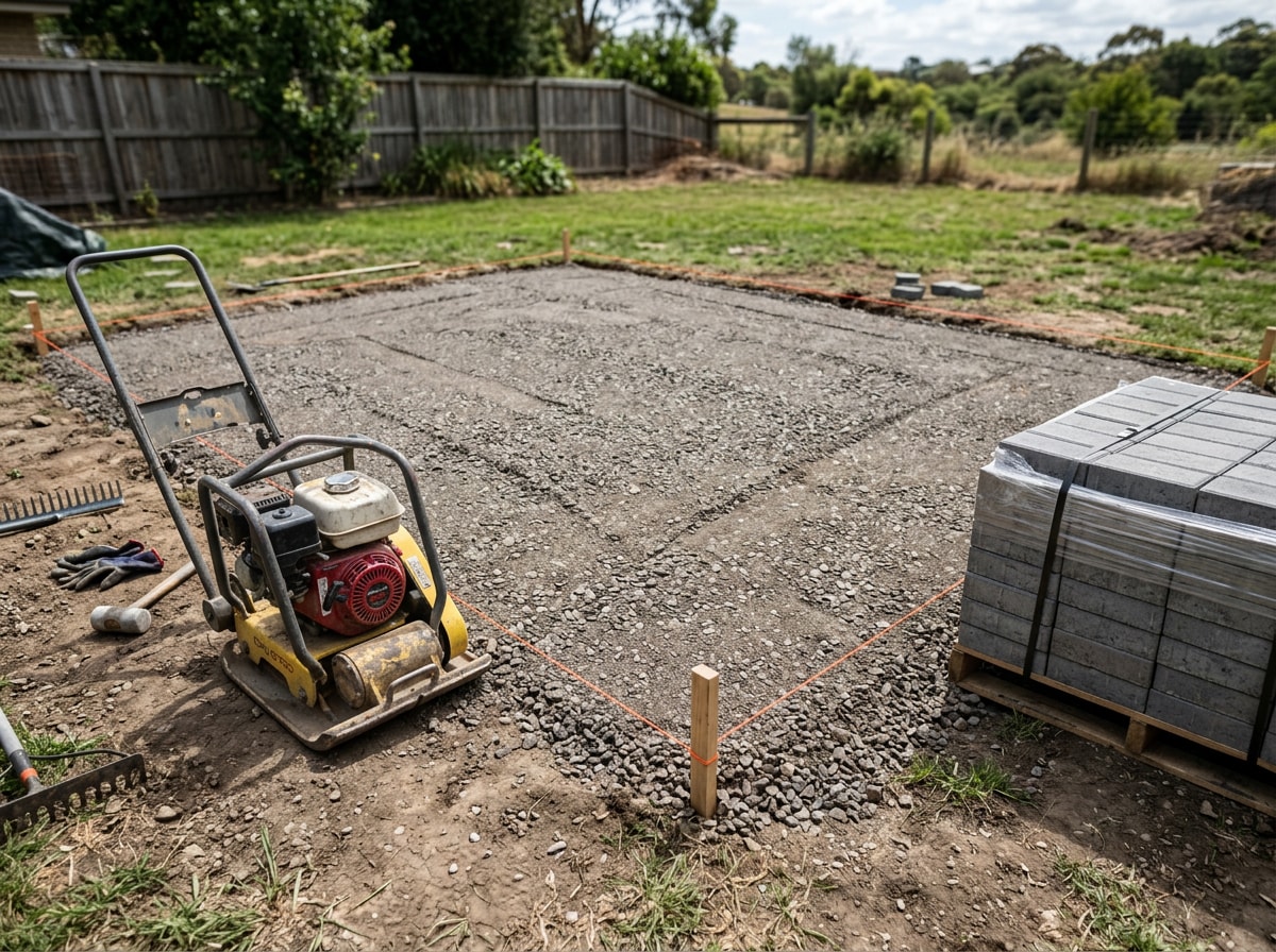 Compacted gravel base being prepared for a paver patio installation