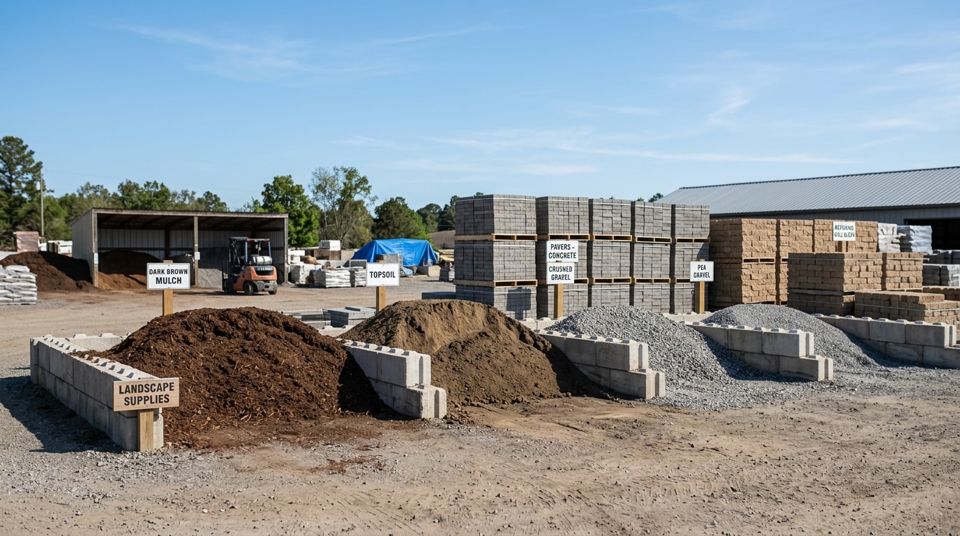Bulk mulch, soil, and stone piles at a landscaping supply yard in Raleigh, NC Bulk mulch, soil, and stone piles at a landscaping supply yard in Raleigh, NC
