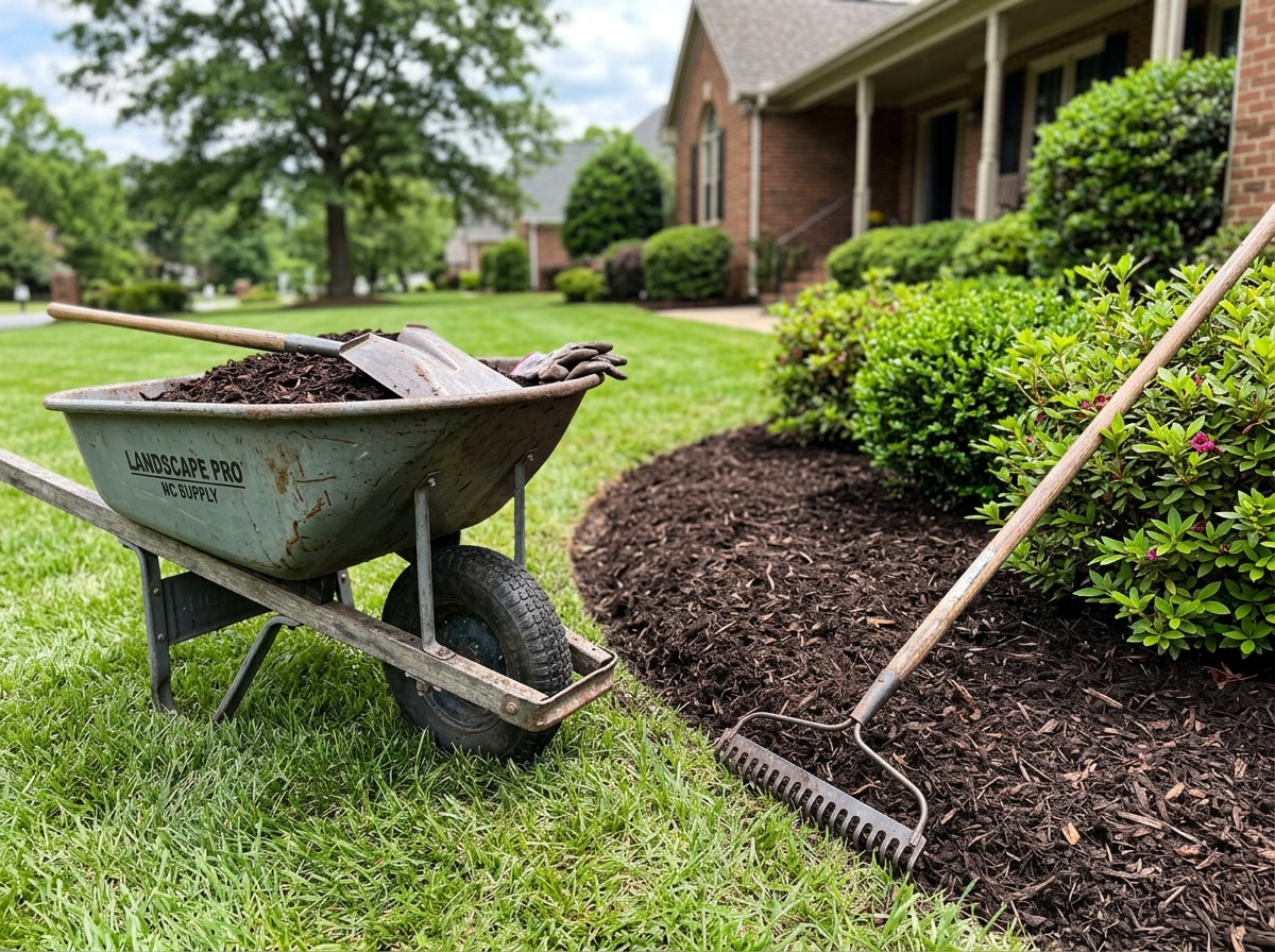 Freshly installed hardwood mulch bed with crisp edging around landscape plants