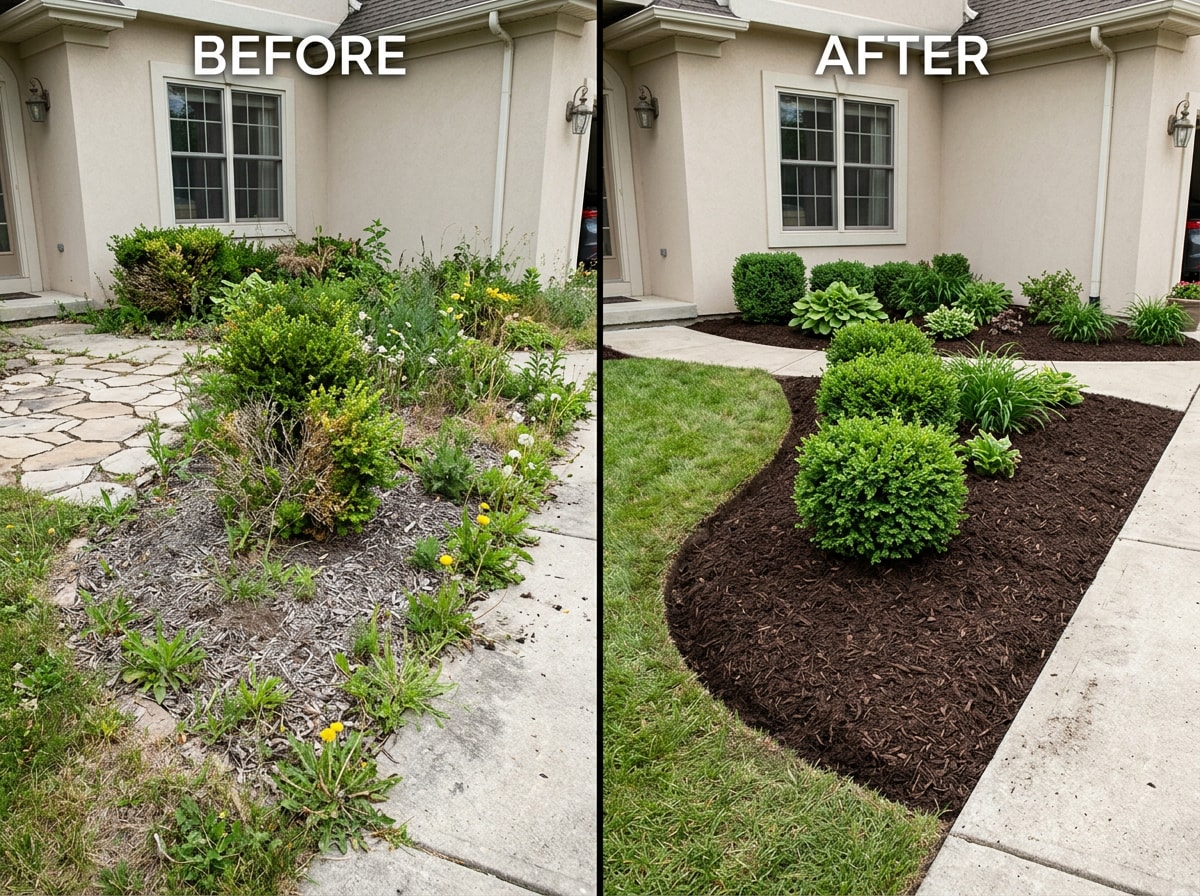 Before and after photo of a flower bed refreshed with dark brown mulch and clean edging