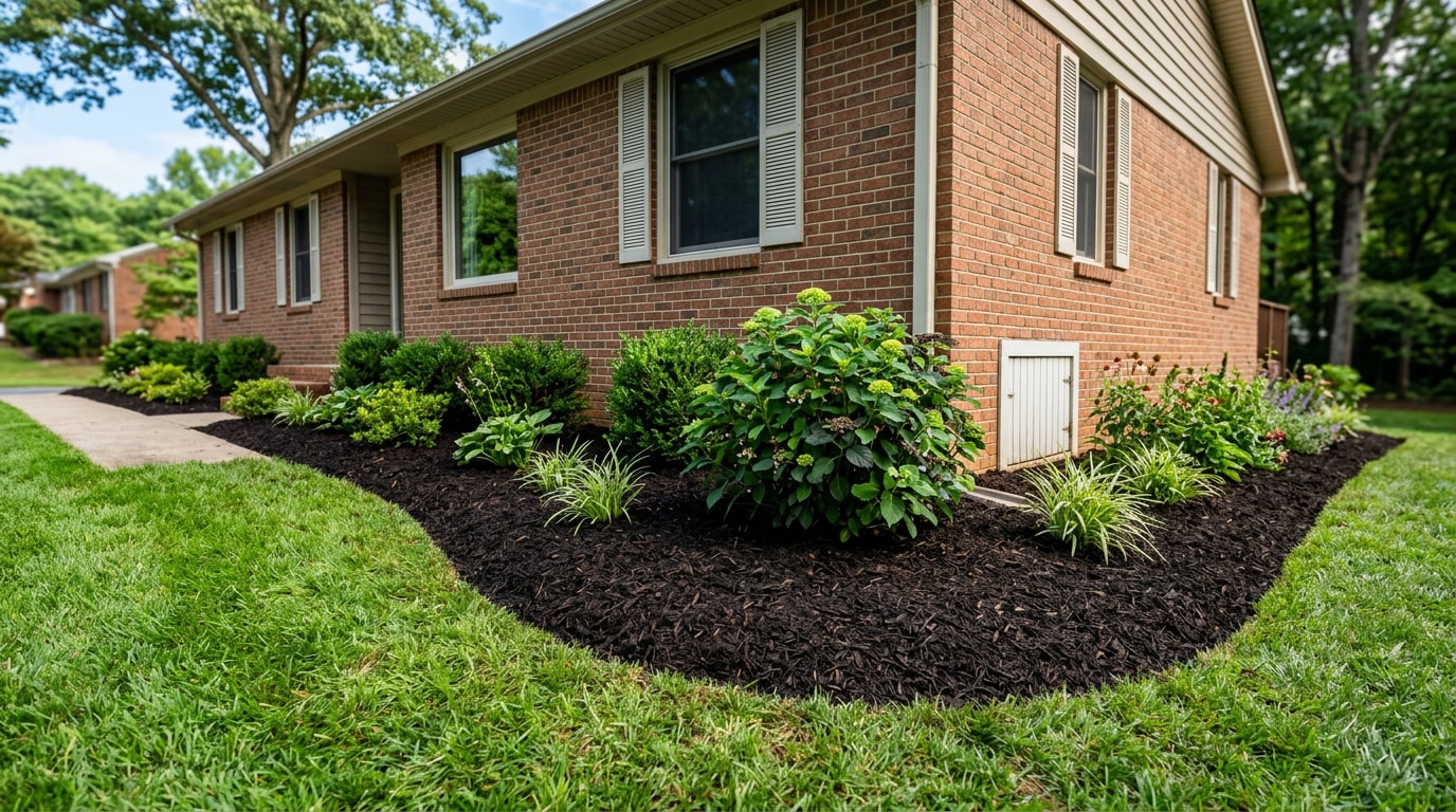 Freshly mulched landscape bed with clean edging along a Garner, NC home