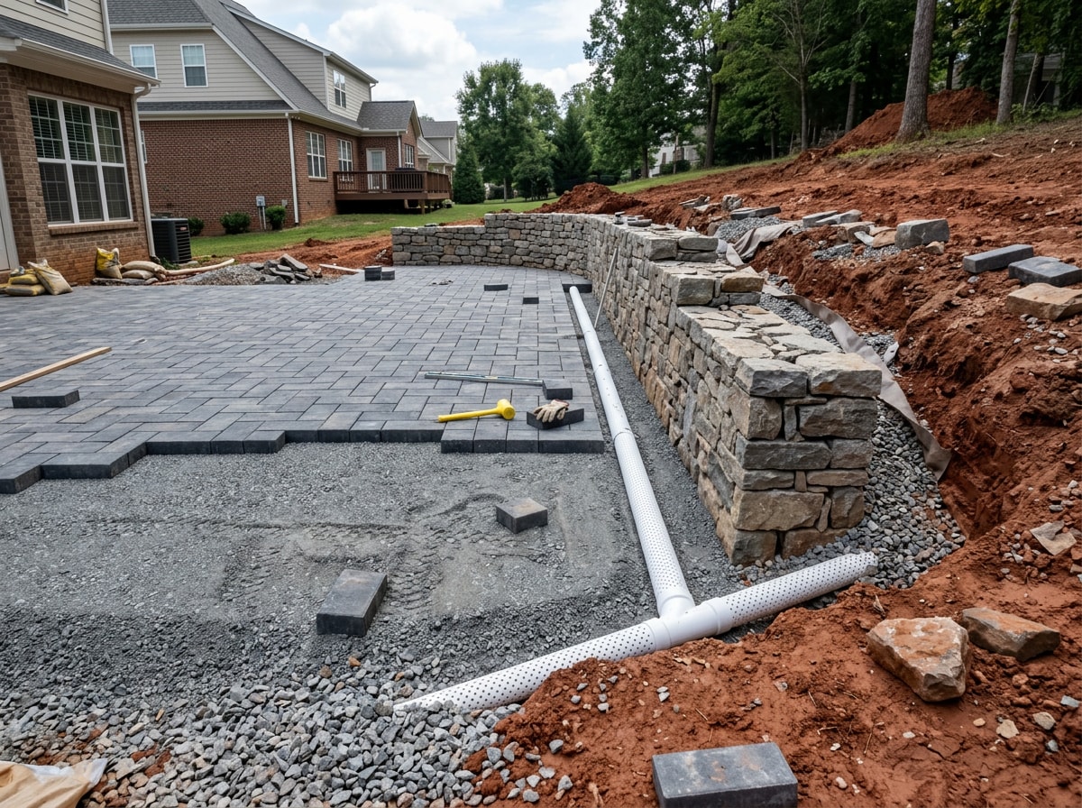 paver patio with a built-in retaining wall under construction in Holly Springs, NC