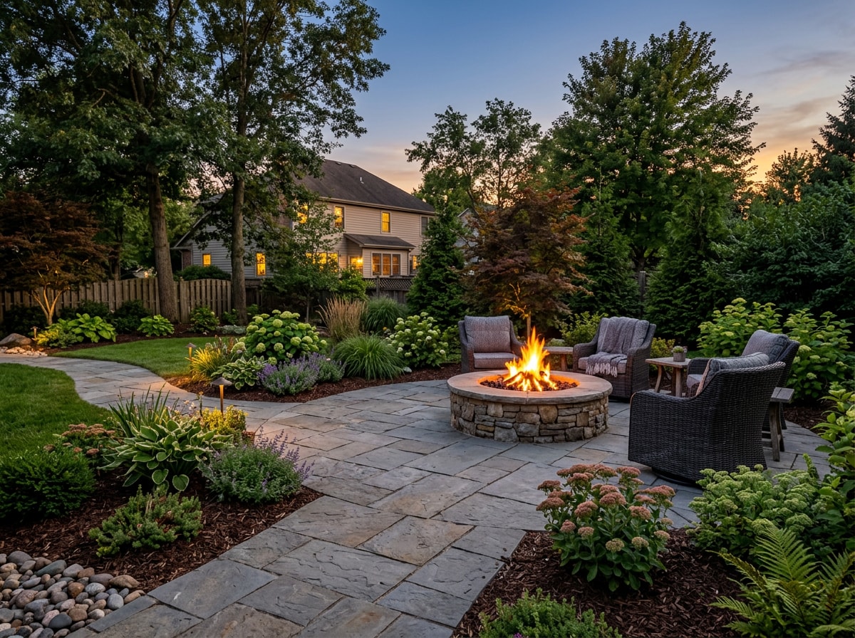 stone patio with a fire pit installed in a Holly Springs, NC backyard