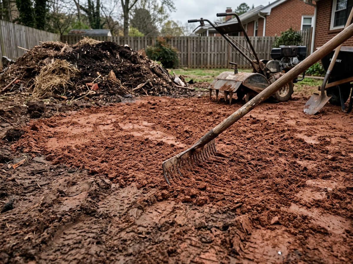 Durham, NC yard mid-grading with exposed red clay soil before sod installation