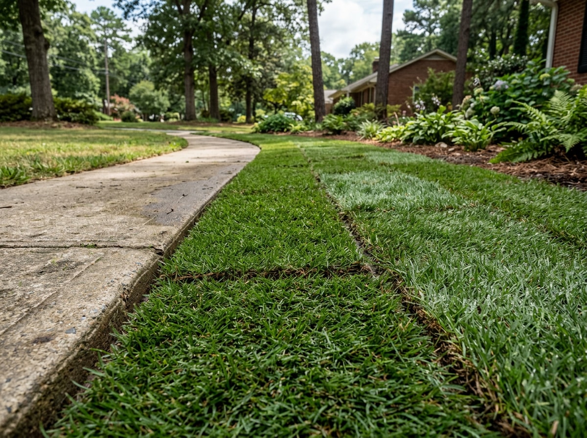 Freshly installed sod lawn in Durham, NC with tight seams along a concrete walkway