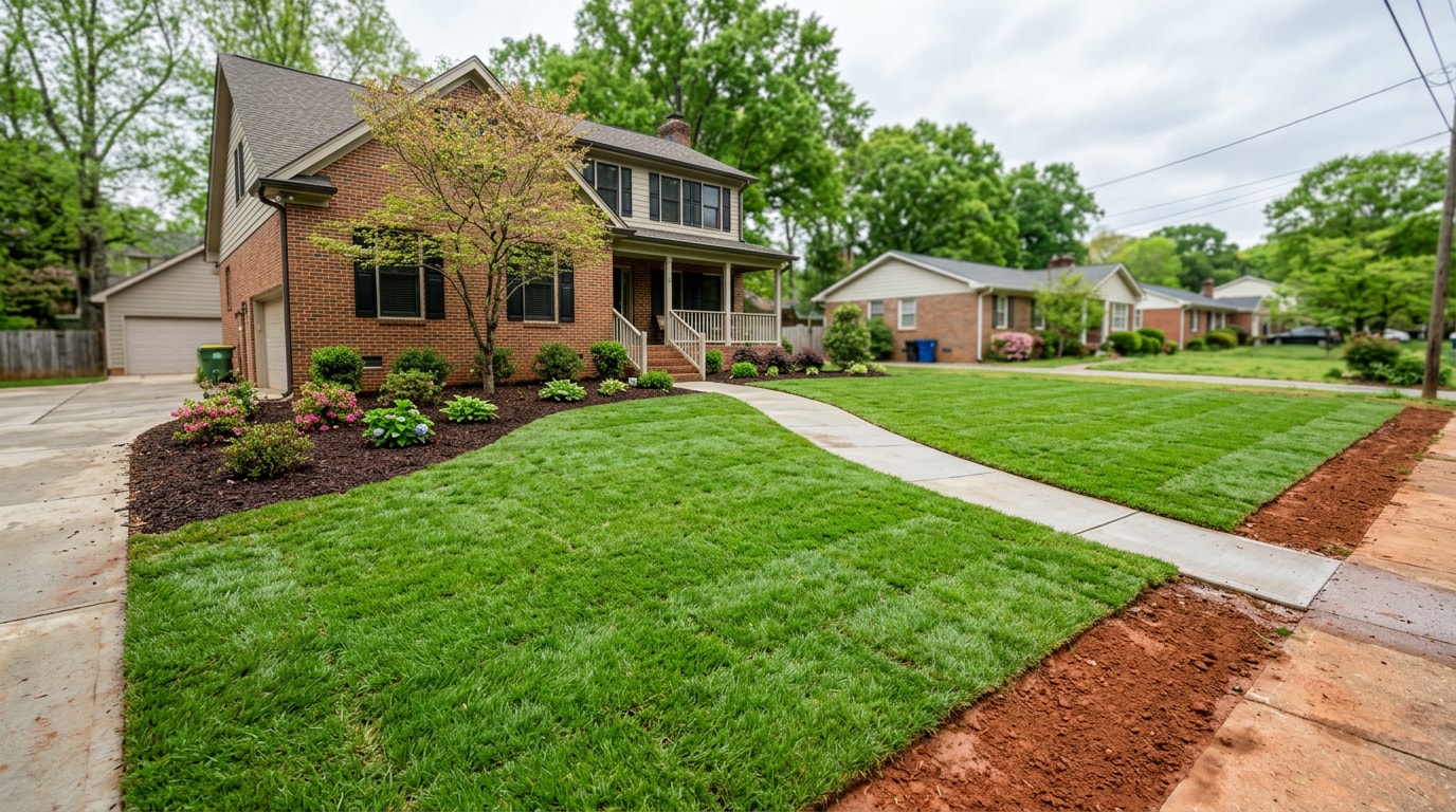Freshly installed sod lawn in a Durham, NC front yard