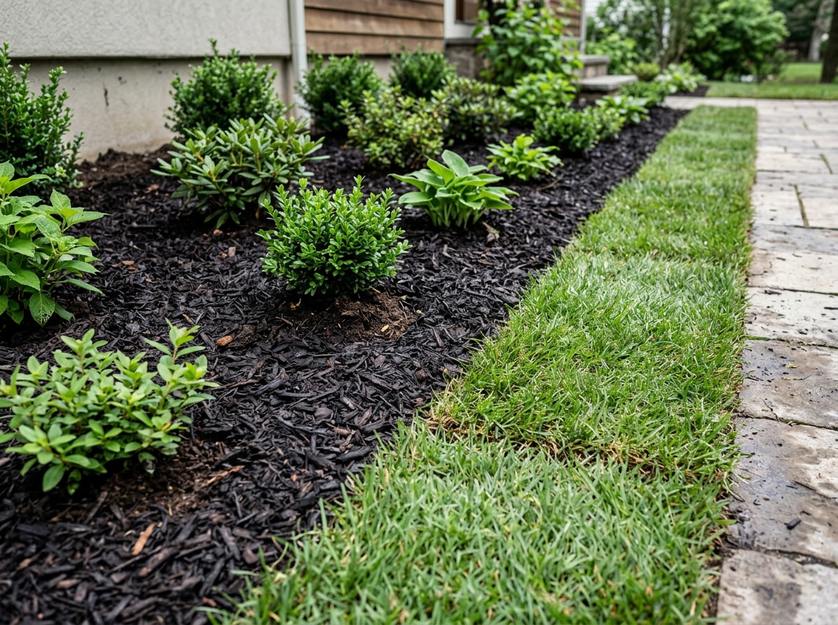 Freshly installed sod and mulched planting bed in a Fuquay-Varina backyard