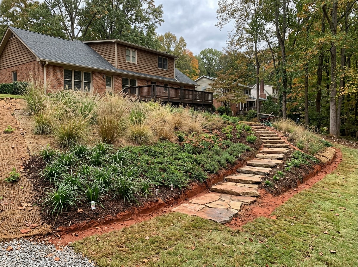 Erosion-control ground cover and ornamental grasses planted along a sloped yard