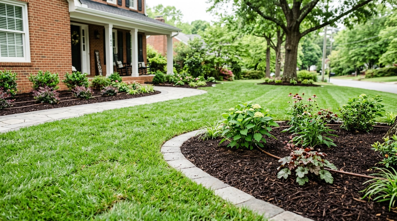 Finished softscape installation with new sod and planting beds in a Fuquay-Varina, NC front yard