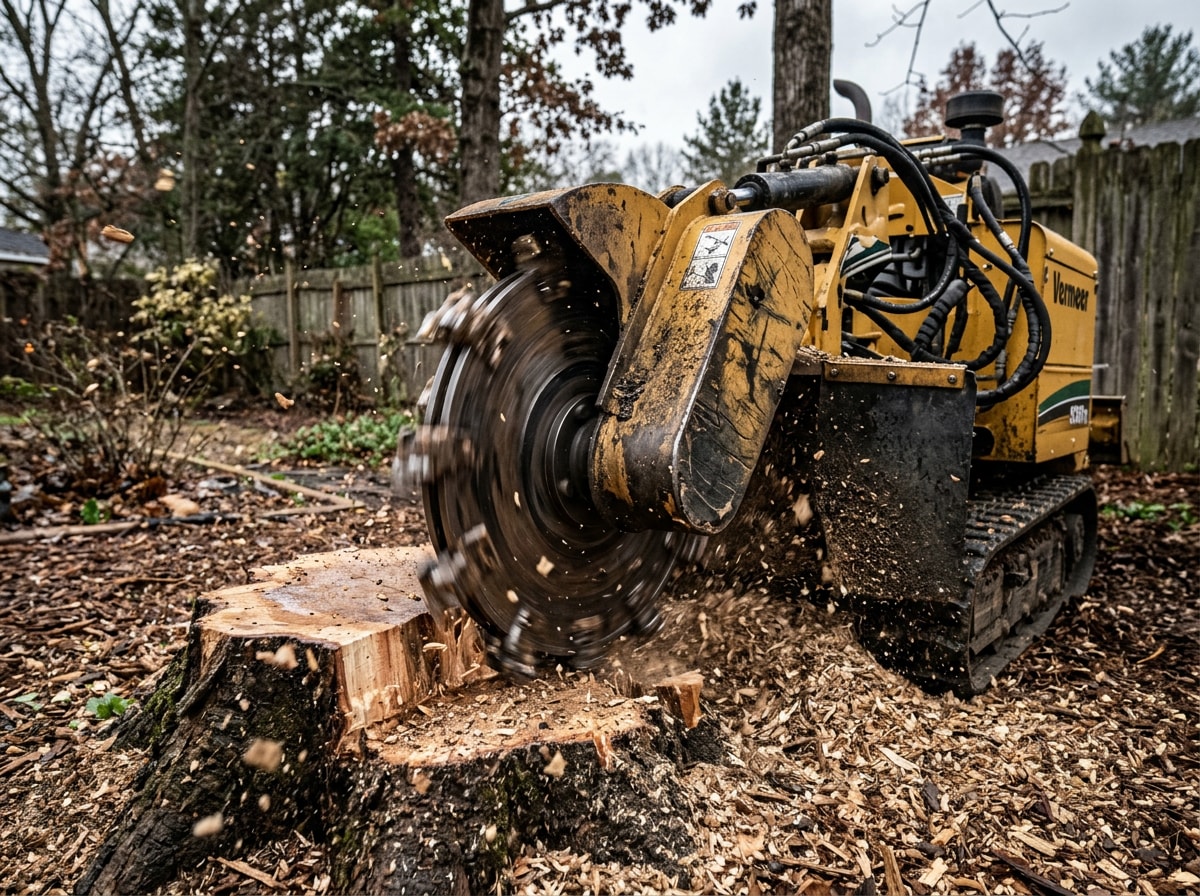 Stump grinder cutting wheel grinding a tree stump in a Wake Forest, NC backyard