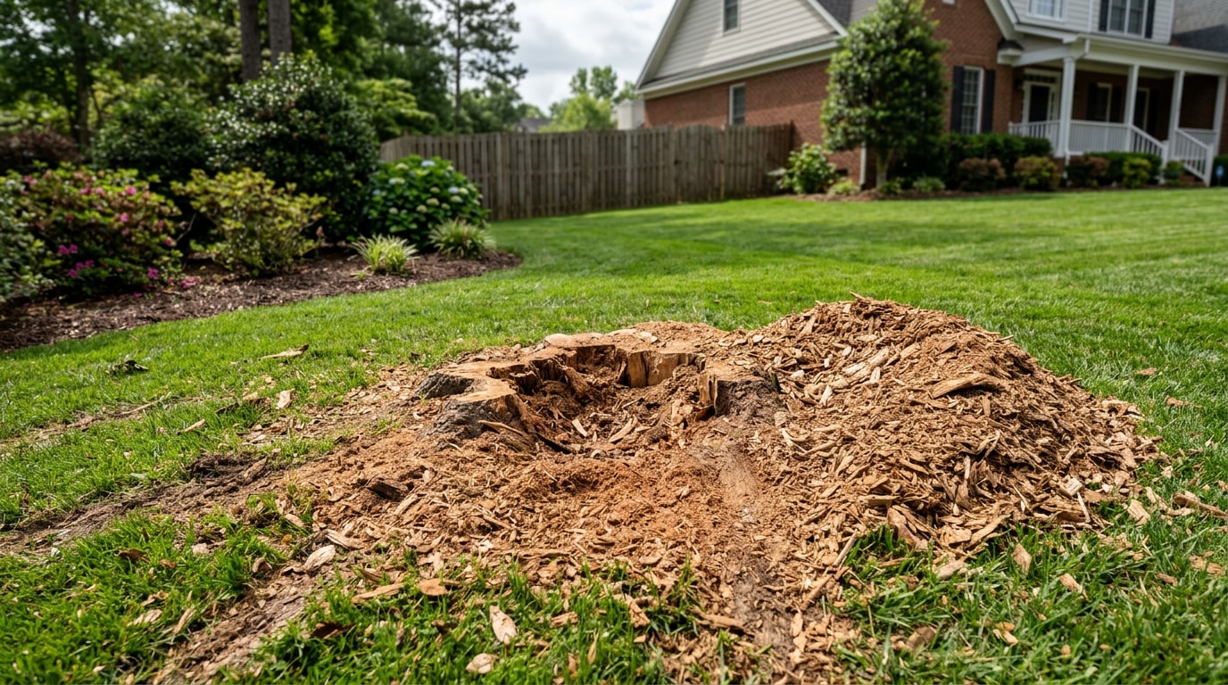 Freshly ground tree stump surrounded by wood chips in a Wake Forest, NC backyard