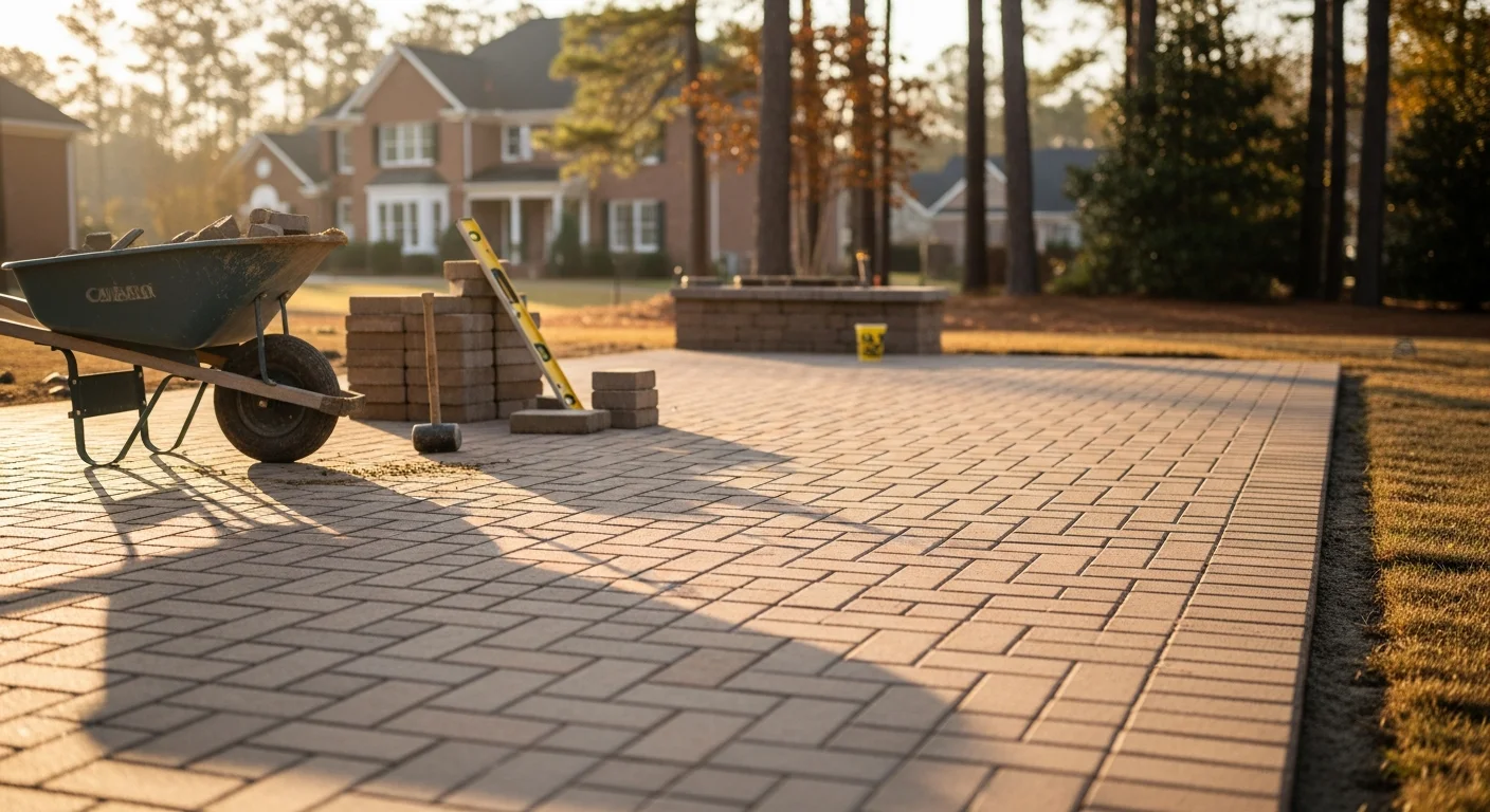 Stone paver patio with decorative edging and dry stream bed