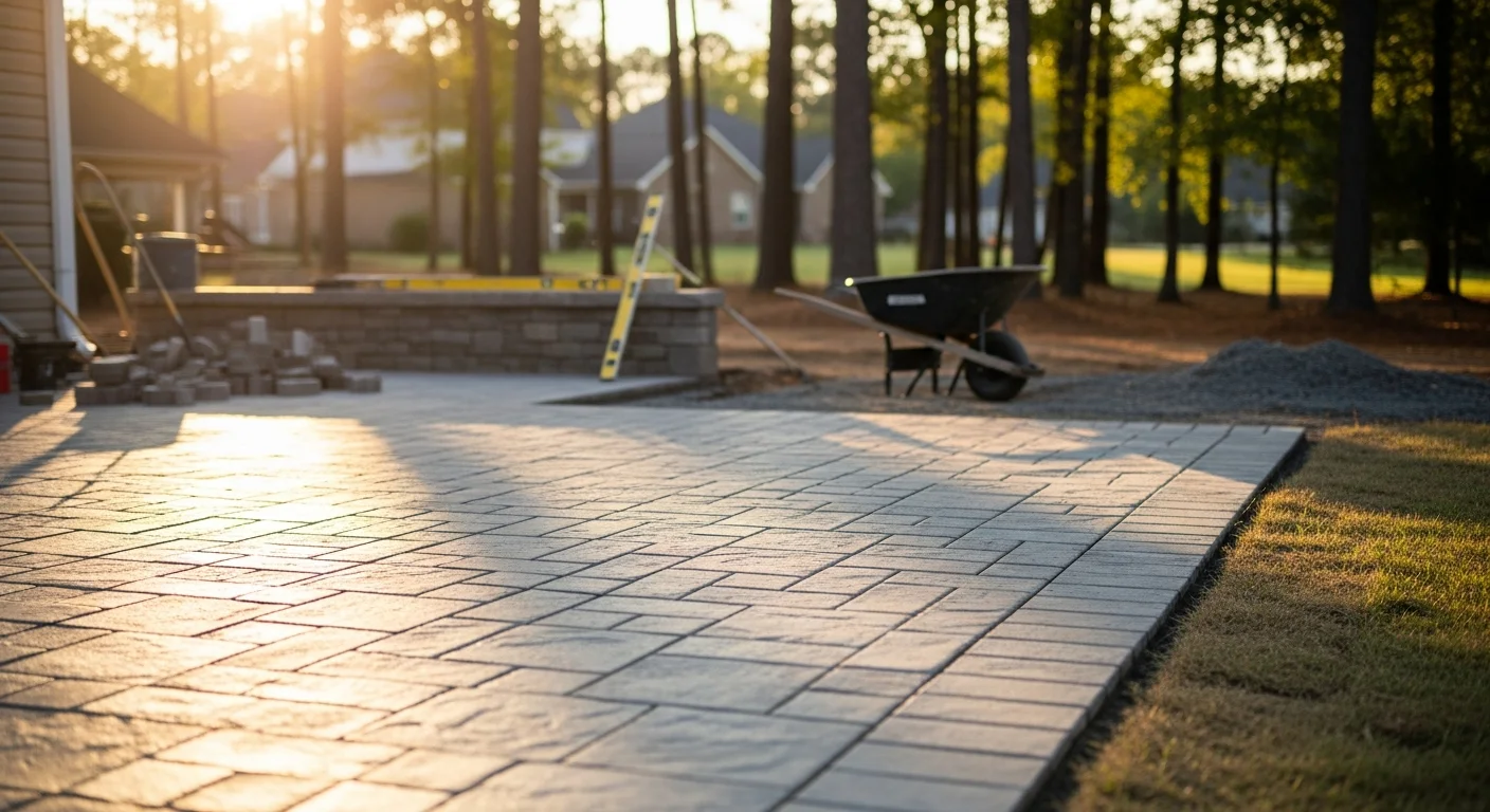 Custom patio and retaining wall installation in a residential backyard