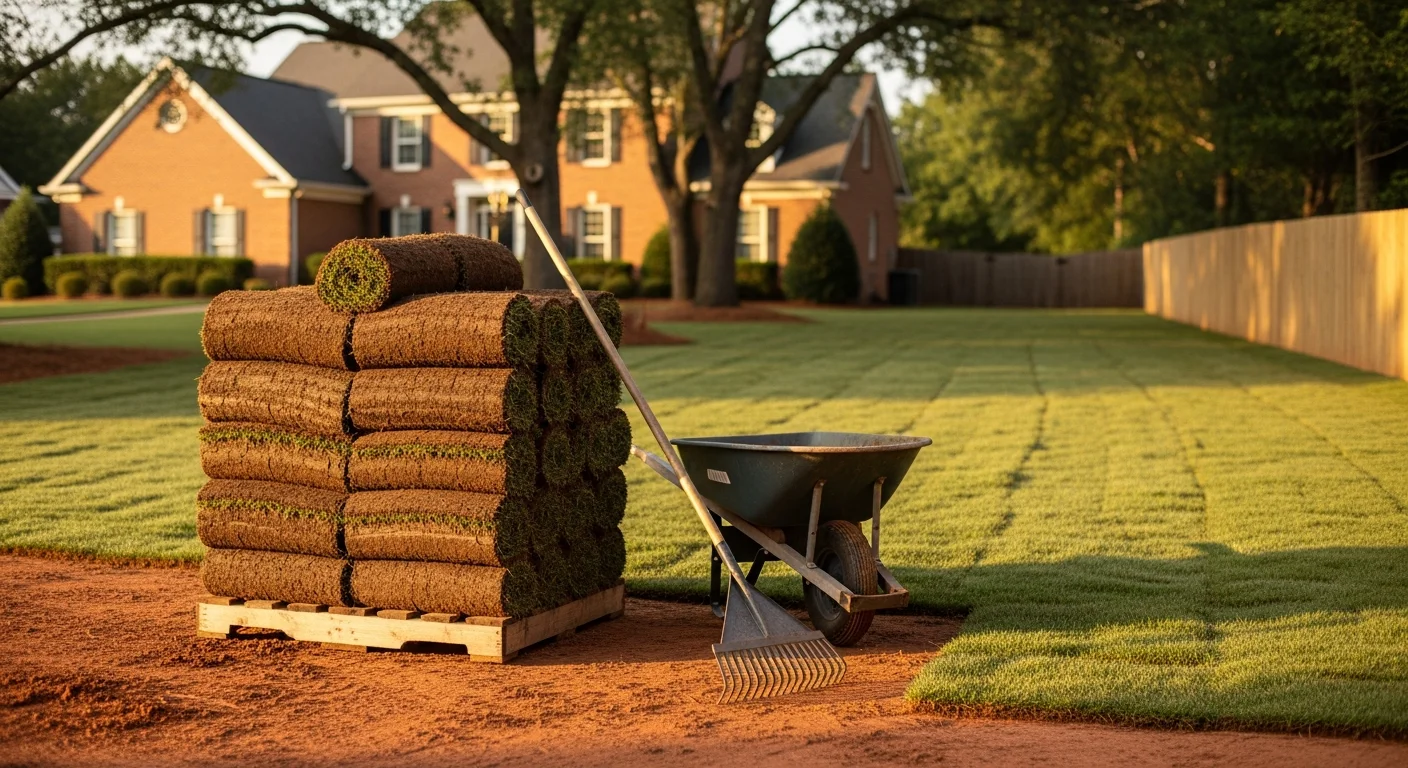Fresh sod installation and mulch application in a residential yard