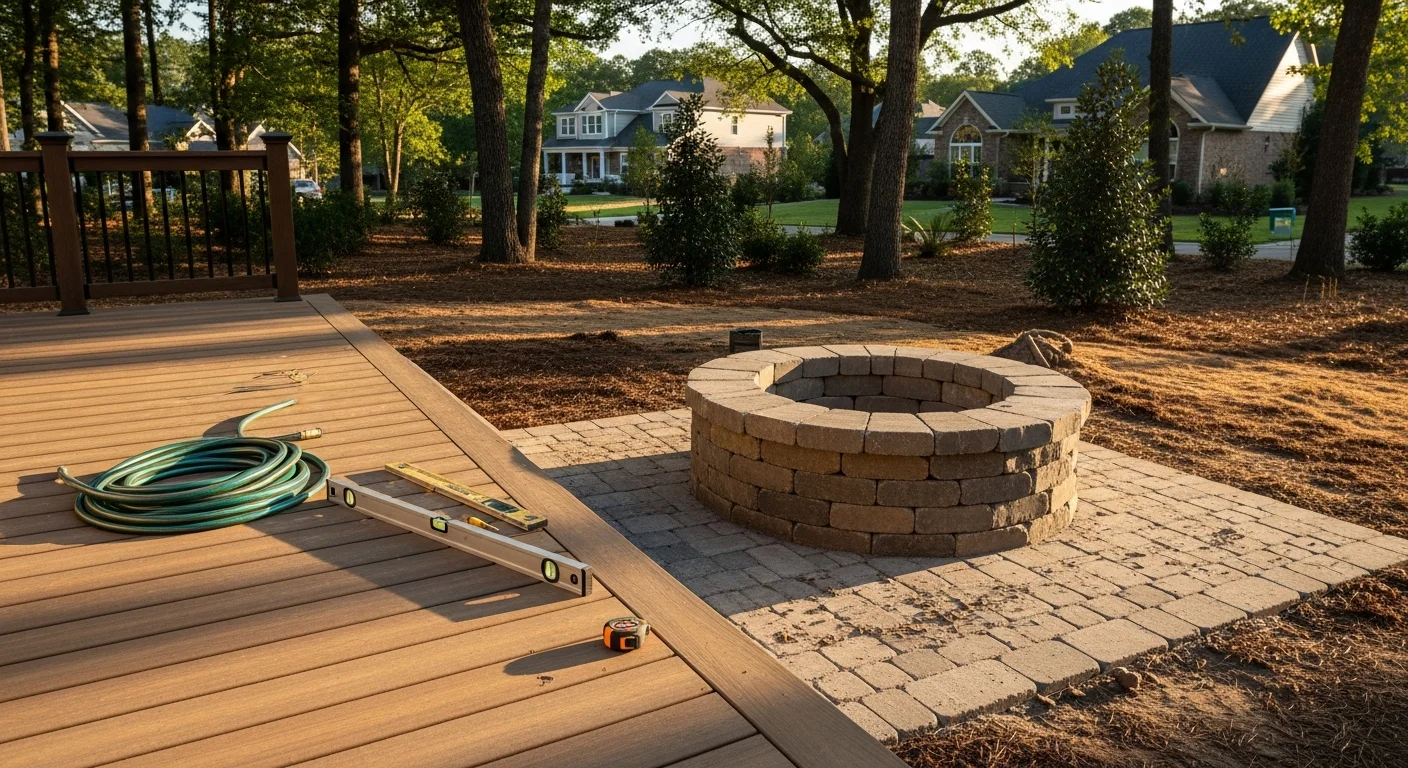 Outdoor kitchen and fireplace with stone seating wall