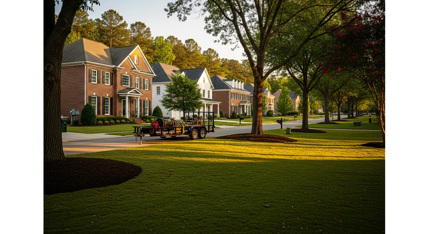 Modern Cary neighborhood with brick homes and manicured lawns on a tree-lined street.