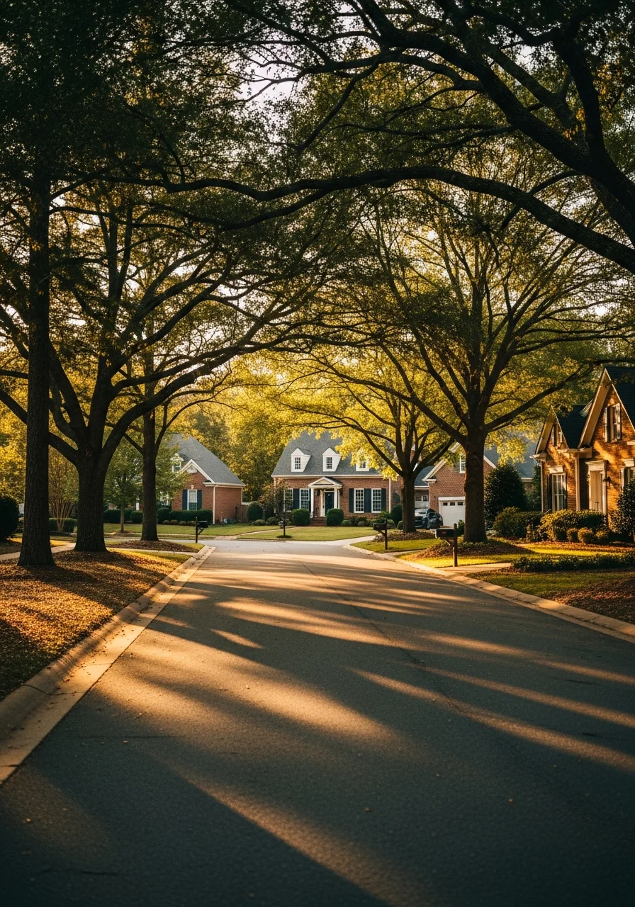 Raleigh residential street with varied home styles and mature oak trees.