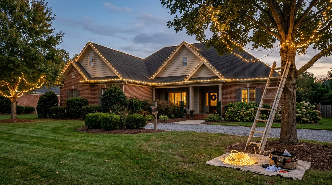 Professional Christmas light installation on a residential home in Cary, NC, with lights lining the roofline and wrapped around mature front-yard trees. Warm white and colored lights illuminate the home's exterior against a dark evening sky.